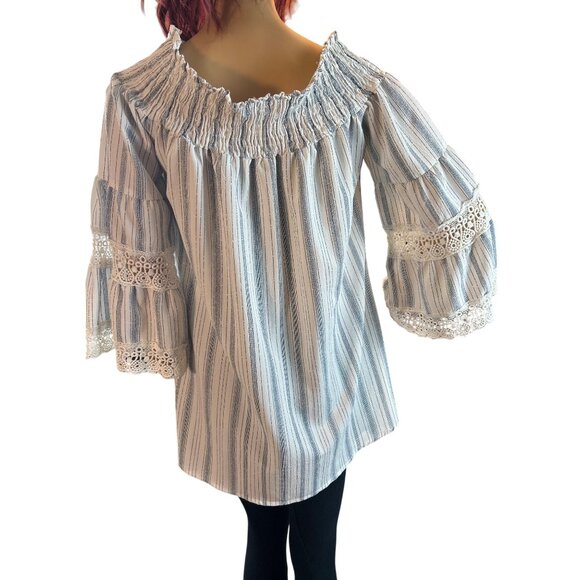 Kiwi + Punch Striped Off-Shoulder Smocked Tunic Blouse With Lace Bell‎ Sleeves - Picture 5 of 6